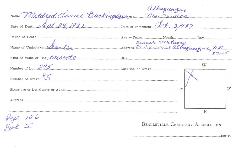 Mildred Louise Buckingham burial card